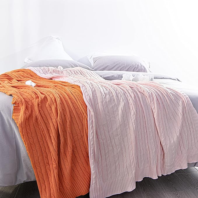 NTBAY 100% Pure Cotton Cable Knit Throw Blanket, Super Soft Warm 51x67 Knitted Throw Blanket for Couch, Sofa, Chair, Bed - Extra Cozy, Machine Washable, Comfortable Home Decor, Baby Pink