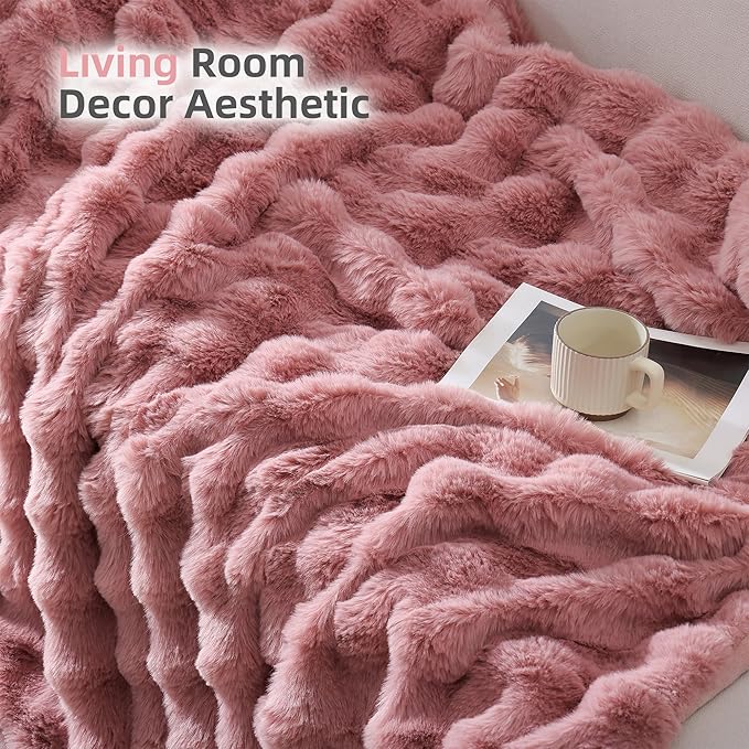 Smoofy Faux Fur Throw Blanket for Couch – Old Pink Fluffy Cozy Rabbit Fleece, Plush Soft Bubble Blanket for Sofa & Bed, for Mom, Warm Fuzzy Home Room Decor Throw 50" x 60"