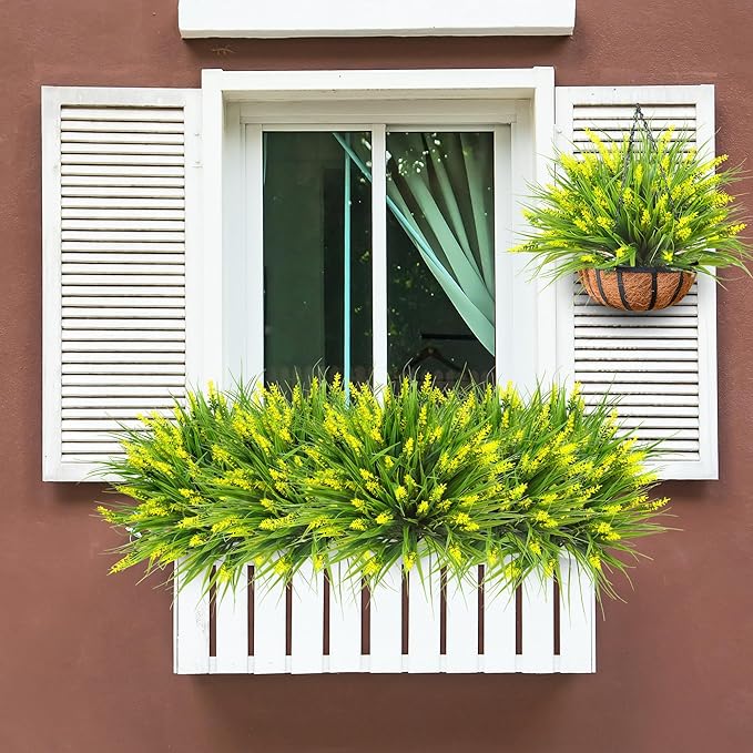 Sggvecsy 12 Bundles Artificial Plants Outdoor Faux Lavender Flowers Fake Monkey Grass UV Resistant Plastic Greenery Plants for Garden Home Porch Window Patio Hanging Planter Indoor Decor (Yellow)