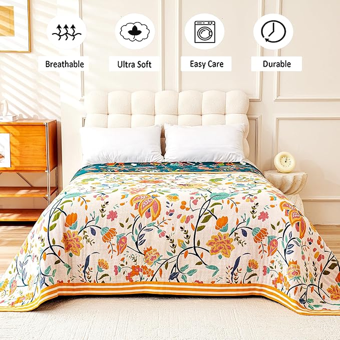 Boho Throw Blanket, 100% Organic Cotton Breathable Ultra Soft 91" x 108" King Bed Quilt Throw - All Season Floral Rustic Farmhouse Decor Luxury Blanket for Sofa Couch Chair and Gift