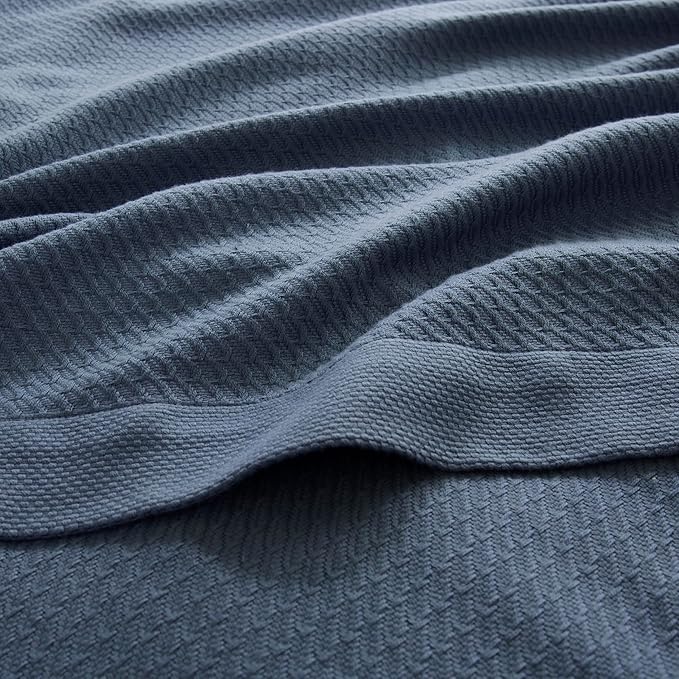 Madison Park 100% Egyptian Cotton Lightweight Summer Blanket, Breathable Waffle Knit Design, Soft Cozy All-Season Throw for Bed, Couch or Sofa, Blue Full/Queen Size (90"x90")