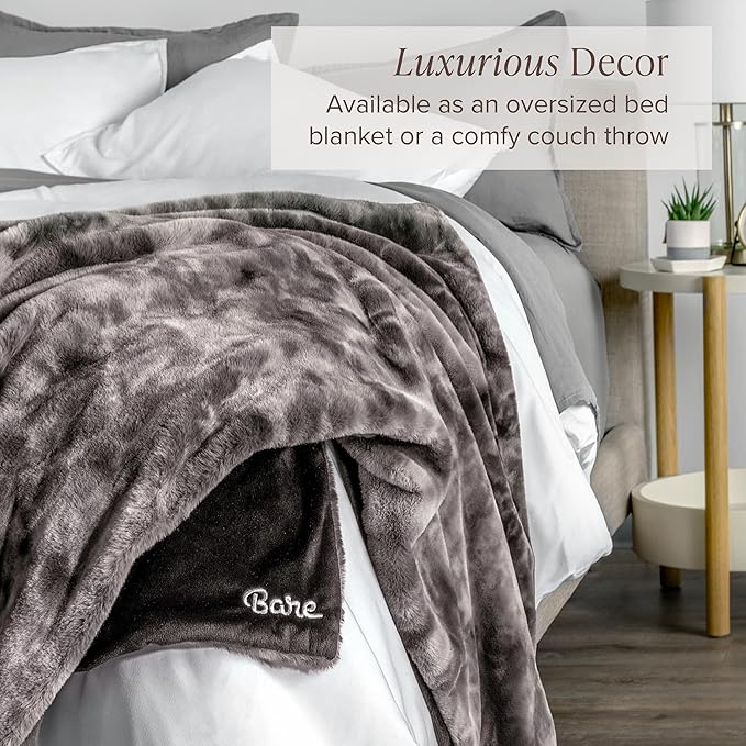 Bare Home Faux Fur Blanket - Ultra-Soft Luxurious - Cozy Warm Blanket for Couch, Sofa, Chair, Bed - Fuzzy Fluffy Super Soft - Decorative Bed Blanket, 60x47 inches (Throw, Grey Tie Dye)