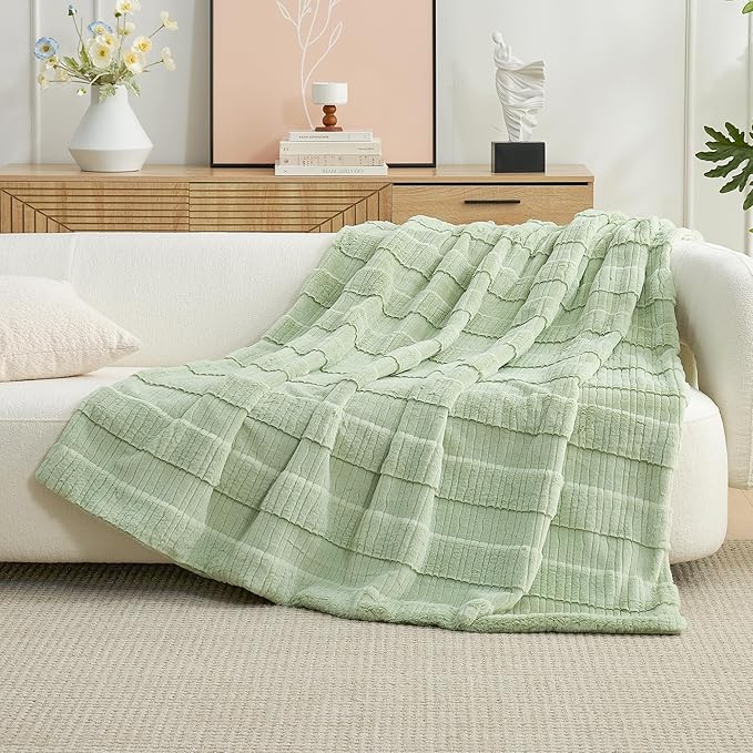 Amélie Home Luxury Striped Faux Fur Throw Blanket for Couch, Soft Cozy Fuzzy Fluffy Soft Plush Blankets Sofa Chair Gift Blankets for Women, 55"x70", Sage Green