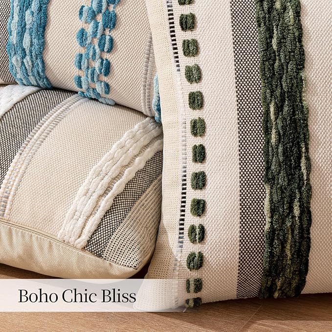 ANRODUO Pack of 2 Boho Decorative Throw Pillow Covers 18x18 Farmhouse Cushion Case Striped Chenille Pillow Cases Square Pillow Covers Accent Neutral Pillowcase for Sofa Couch Bed, Sky Blue Stripe 2
