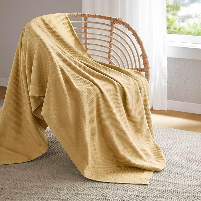 Madison Park 100% Egyptian Cotton Lightweight Summer Blanket, Breathable Waffle Knit Design, Soft Cozy All-Season Throw for Bed, Couch or Sofa, Mustard Twin Size (66"x90")