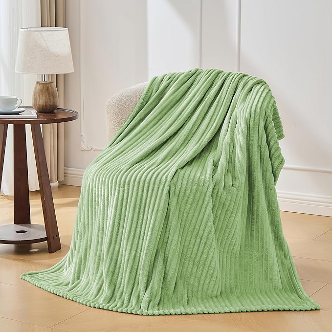 Bnuitland Fleece Throw Blanket, 300GSM Soft Warm Cozy Fluffy Throw for Babys & Pets, Stripe Pattern, All Season Sofa Bed Blanket for Home Decor, Light Green 50"x60"