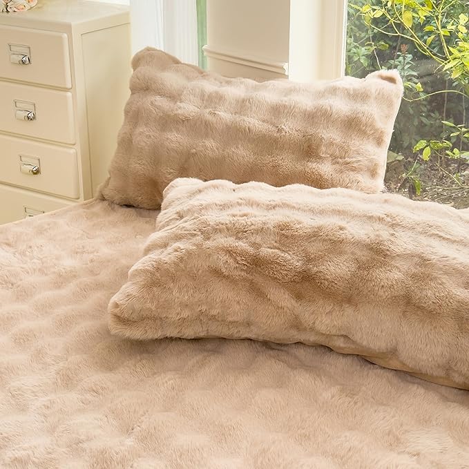 H&D Faux Fur Rabbit Fleece-Fluffy Blanket for Sofa, Cozy Soft Plush Throwfor Couch Bed, Luxury Thick Fuzzy Couch, Bubble Blanket (Camel 3-Piece Set（King）, 3-Piece Set（King）)
