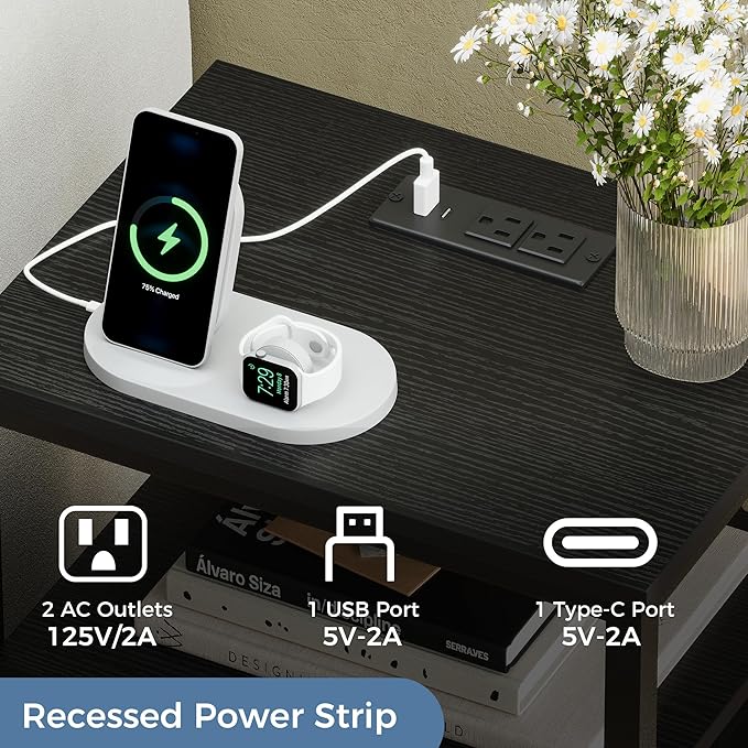 DUMOS Nightstand with Charging Station Built in USB Ports and AC Outlets Bedside Table with Adjustable Fabric Drawer and Open Shelf Modern End Table for Bedroom,Black