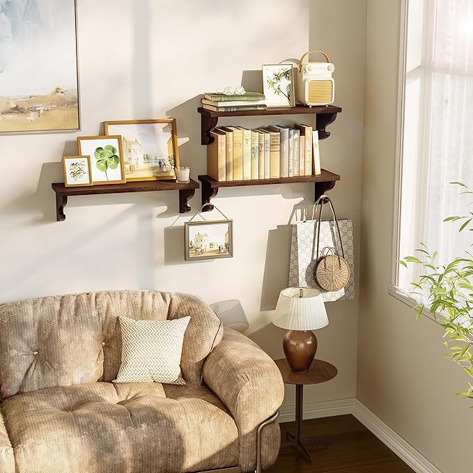 Alsonerbay Wood Floating Shelves for Wall 3 Pack, 17 inch Rustic Wall Shelves with Hook, Decorative Hanging Shelves for Bedroom Living Room Nursery Office and More Light Walnut