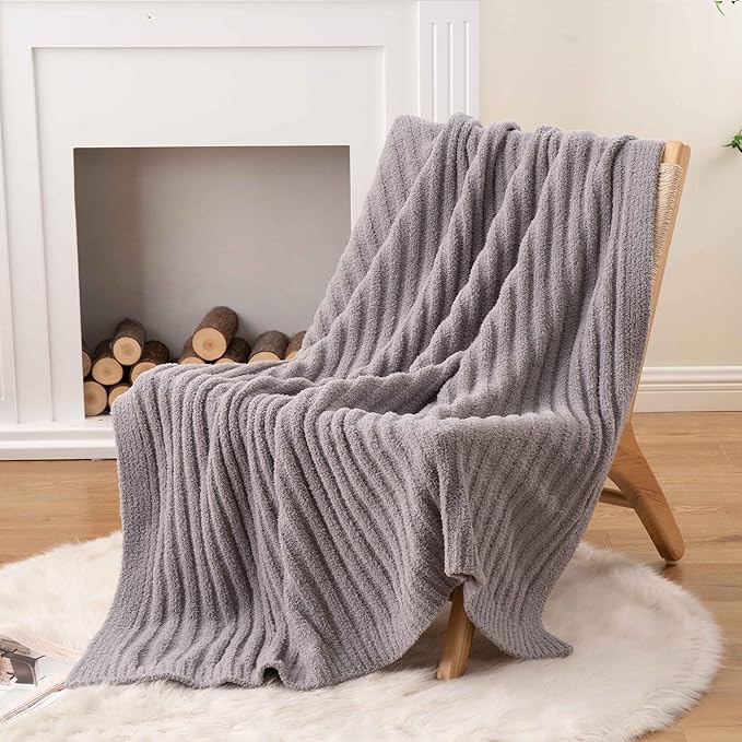 BATTILO Throw Blanket for Couch, Fluffy Soft Plush Grey Chenille Blankets, Cozy Warm Lightweight Blanket for Bed, Sofa, Light Gray, 50"x60"