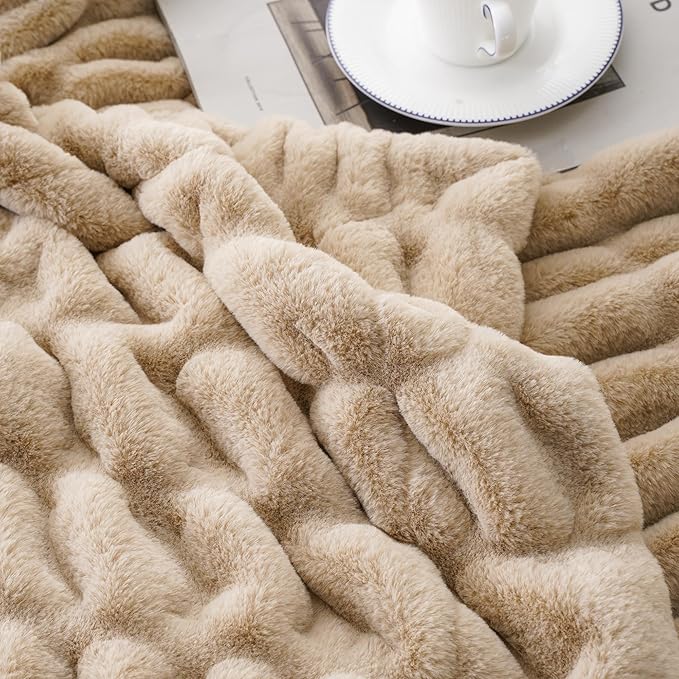 BATTILO HOME Beige Faux Fur Throw Blanket for Bed, Large Double Side Reversible Ruched Rabbit Fur Blanket for Couch, Living Room, Soft Warm Mink Cozy Blanket, 60x80 Inch