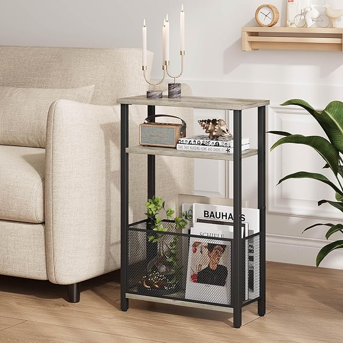 Narrow Side Table with Storage Basket Skinny End Tables for Smalls Spaces 3 Tier Sofa Table Small Nightstand Slim Bedside Table for Living Room Bedroom Oak MLBZ22Q