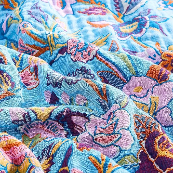 Fall Blanket for Bed, 100% Cotton Soft Rustic Boho Throw Blanket Quilt, 90"x98" Farmhouse Decor Bed Flower Blankets, Light Weight Reversible Bohemian Throw Quilt