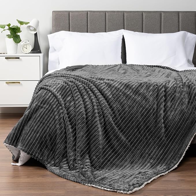 PAVILIA Gray Sherpa Fleece Throw Blanket for Couch Twin, Soft Plush Fuzzy Blankets, Fluffy Flannel Sherpa Blanket for Bed, Warm 3D Ribbed Winter Blanket Gift, 60x80 inches