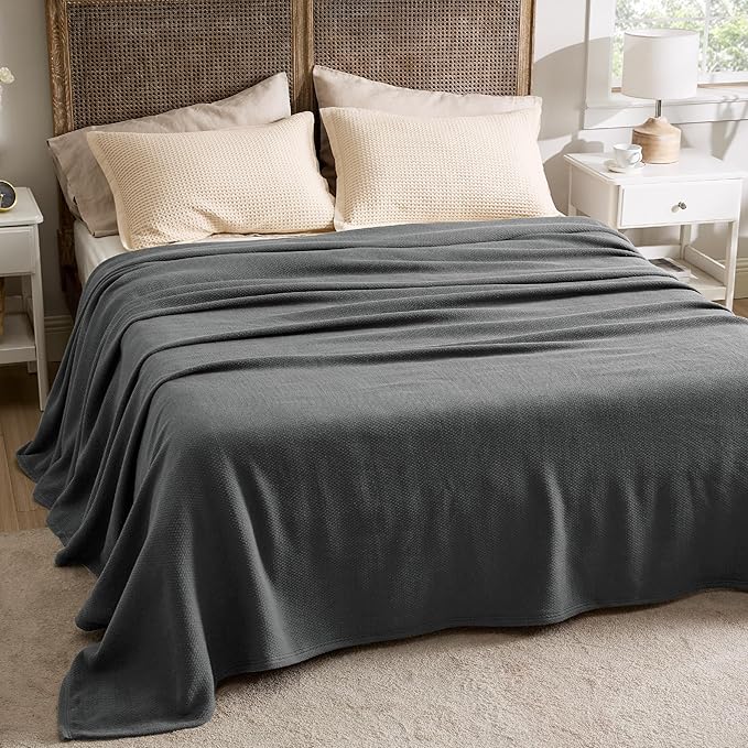 Bedsure GentleSoft 100% Cotton Large Blanket Oversized King for Bed 120x94 inches - Breathable Soft Cozy Herringbone Woven Blanket for Summer Spring, Couch Cover, Dark Grey