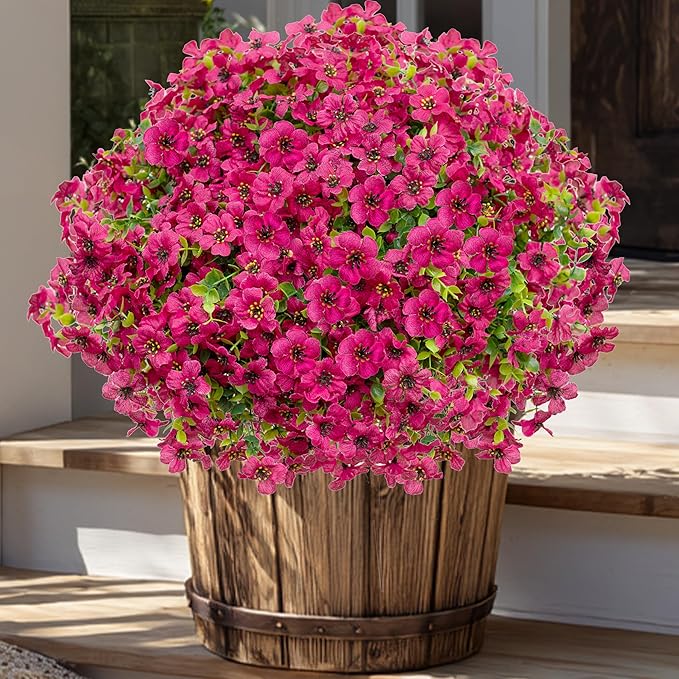 Artificial Flowers for Outdoors Fake Plants - 16 Bundles Faux Outside Greenery Boxwood No Fade Plastic Shrubs Fall Decor Farmhouse Home Garden Thanksgiving Mums (Red)