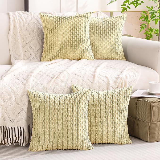 Set of 4 Pale Yellow Decorative Throw Pillow Covers 22x22 Inch Corduroy Pillow Covers for Bed Couch Sofa Living Room Soft Square Cushion Cases