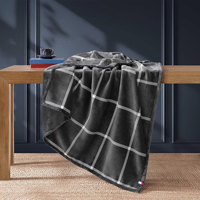 Tommy Hilfiger - Blanket, Ultra-Soft Plush Throw Blanket for Bed or Couch, Cozy Bedding with Solid Reverse & Tailored Hem, Medium Weight for Year Round Comfort (Dumbo Windowpane Grey, 50" x 70")