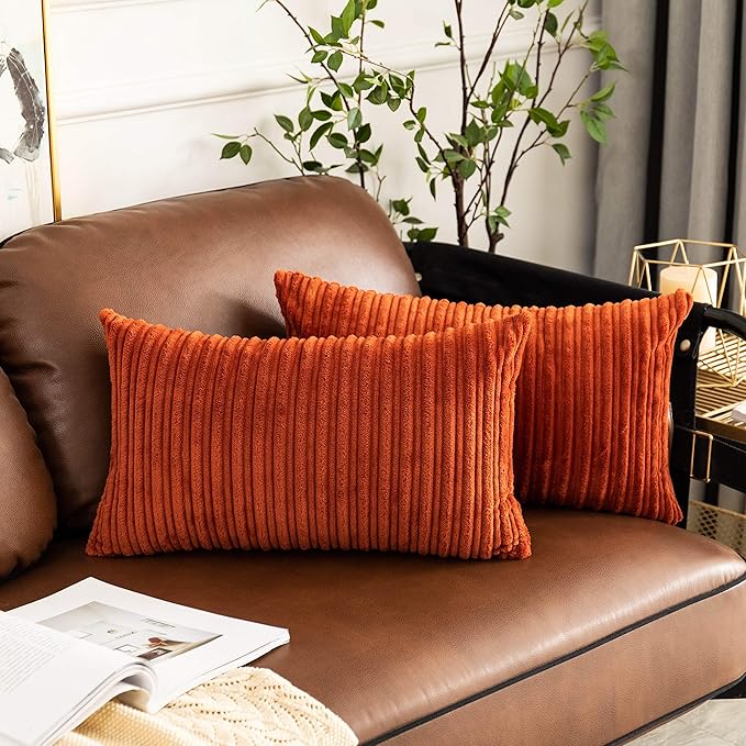 UGASA Fall Soft Lumbar Pillow Cover Stripe Velvet Decorative Oblong Pillow Cover Solid Rectangular Lumbar Cushion Case for Home Couch Sofa Living Room 1 Piece, 12x20 Inch (30x50cm), Burnt Brick