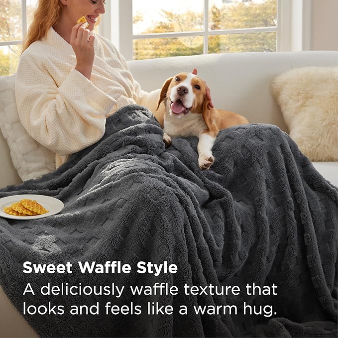 Bedsure Waffle Throw Blanket for Couch - Dark Grey GentleSoft Fluffy Checkered Blanket for Sofa Bed Room Decor, Super Cozy Fleece Throw for Women, Warm Cute All Season Gift, 50x60 Inches