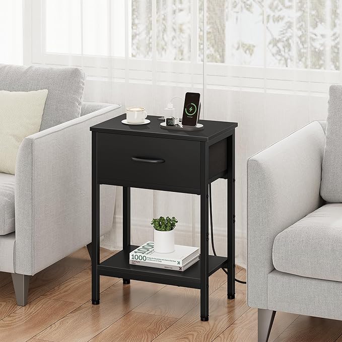Vagusicc Nightstand Set of 2 with Charging Station, Bed Side Table with Fabric Drawer, Small End Table with 2-Tier Storage Shelves, 25.4" Tall Bedside Table, Black Night Stand for Bedroom, Living Room