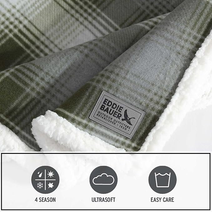 Eddie Bauer - Throw Blanket, Brushed Fleece & Plush Sherpa Bedding, Throw Blanket for Couch & Bed (Nordic Plaid Green, 50" x 70")
