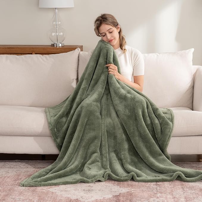 Berkshire Blanket Classic Extra-Fluffy™ Plush Throw Blanket, Soft Fuzzy Fluffy Long Hair Throw Blanket for Couch Sofa Bed, Dark Sage Green, 50x60 Inches