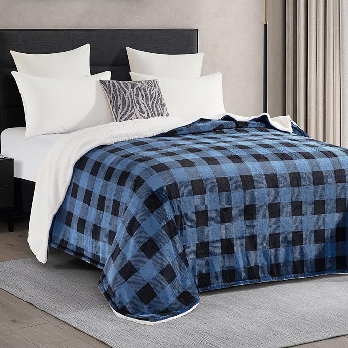 Elegant Comfort Ultra Soft Reversible Buffalo Plaid Flannel Sherpa Blanket - Cozy Silky Checkered Fleece Throw for Couch, Bed - Plush Fuzzy Warm Winter Blanket for Gift, King, Blue