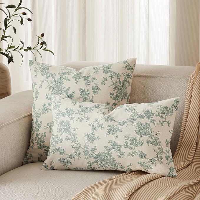 100% Cotton French Pastoral Throw Pillow Covers Set of 2, 24x24 Inch Vintage Green Farmhouse Decorative Cushion Covers for Sofa Bed Living Room Home Decor