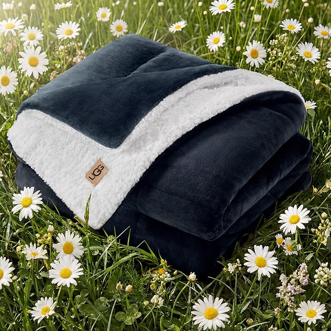 UGG Nita Throw Blanket for Couch, Reversible Plush Throw for Couch or Bed, Cozy Fluffy Fleece Blanket, Living Room Decor, Washable Bedding, 50-inch x 70-inch, Navy Blue