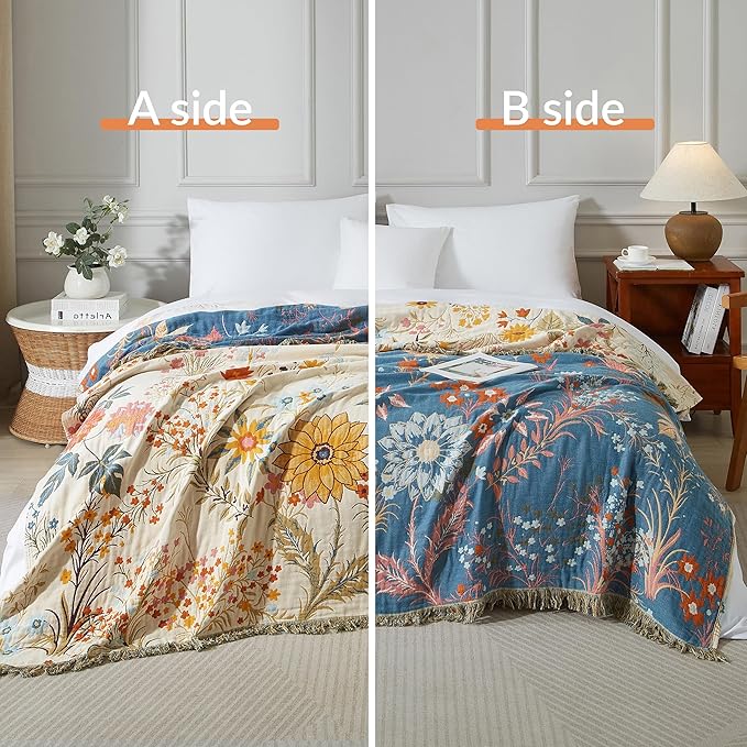 Boho Throw Blanket for Bed 80”x90”, 100% Cotton Woven Blanket for Couch Sofa, Ultra Soft 4-Layer Muslin Quilt with Floral Printed, Farmhouse Bed Blanket/Cover for Living Room Decor