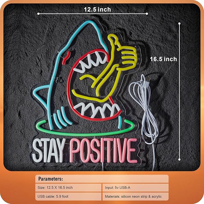 Stay Positive Neon Sign for Wall Decor Thumb up Shark Funny LED Signs Bar Man Cave Party Coffee Home Bedroom Birthday Gifts