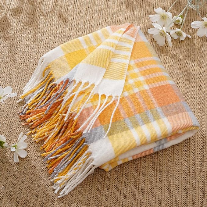BATTILO HOME Yellow Plaid Throw Blanket for Couch - Plaid Throw Blanket Buffalo Plaid Blankets - Lightweight Farmhouse Outdoor Spring Summer Throw Blankets for Bed, Sofa (50"x60")