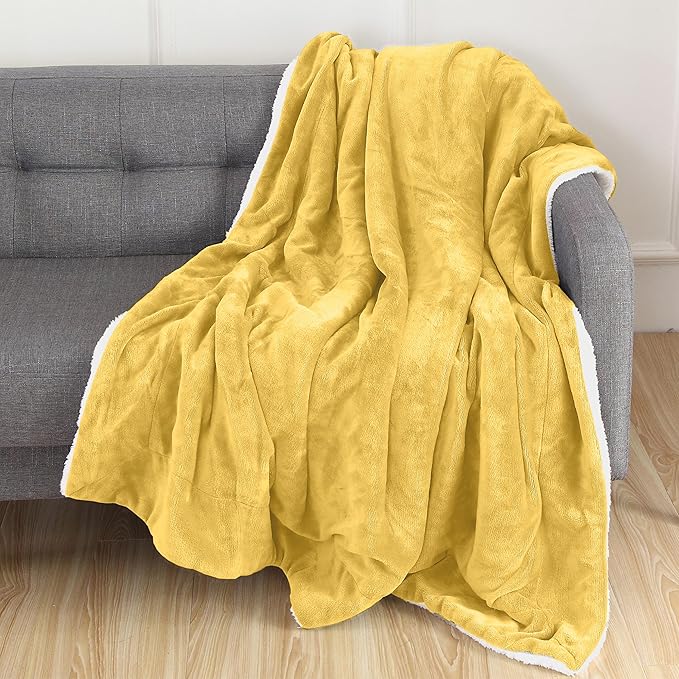 Elegant Comfort Luxury Ultra-Plush Velvet Touch Fleece Throw Soft, Warm, Cozy| Micromink Sherpa-Backing Reversible Blanket for Bed, Sofa and Couch, Solid Yellow