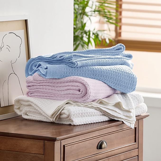 Bedsure Gentlesoft 100% Cotton Blanket Twin XL Size for College Dorm - Cooling Breathable and Soft for Spring Summer, Waffle Weave Twin Blanket for Bed, Dorm Room Essentials, Sky Blue, 66x90 inches