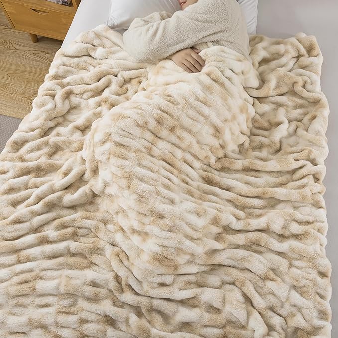 WDCOZY Ruched Faux Fur Throw Blanket Soft Cozy Fluffy Luxurious Blankets Couch Bed Sofa Chair Home Decor Warm Furry Fall Winter Plush Rabbit Fur Bubble Blanket 60" x 80", Caramel Beige Camel Neutral