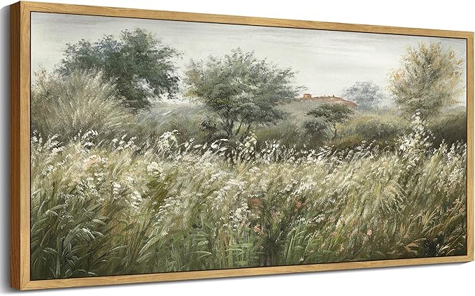 SHENIFY Vintage Landscape Framed Wall Art Meadow Scenery Farmhouse Decor Retro Painting for Bedroom Living Room Ready to Hang Wall Artwork - 20x40in Natural Framed