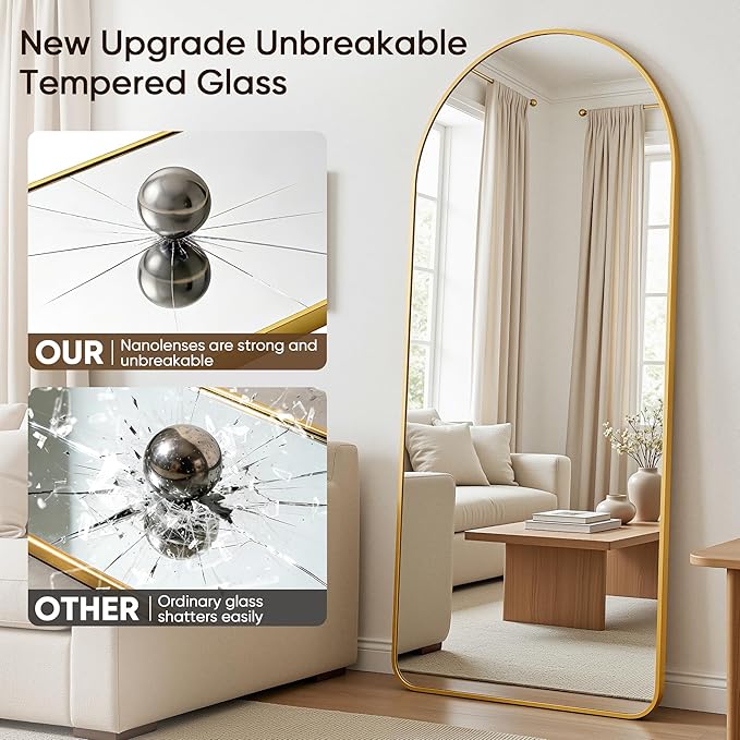 Antok Full Length Mirror, 58"x18" Floor Mirror with Stand, Hanging Mounted Mirrors for Bedroom, Living Room, Cloakroom, Dining Room, Gold, Arch
