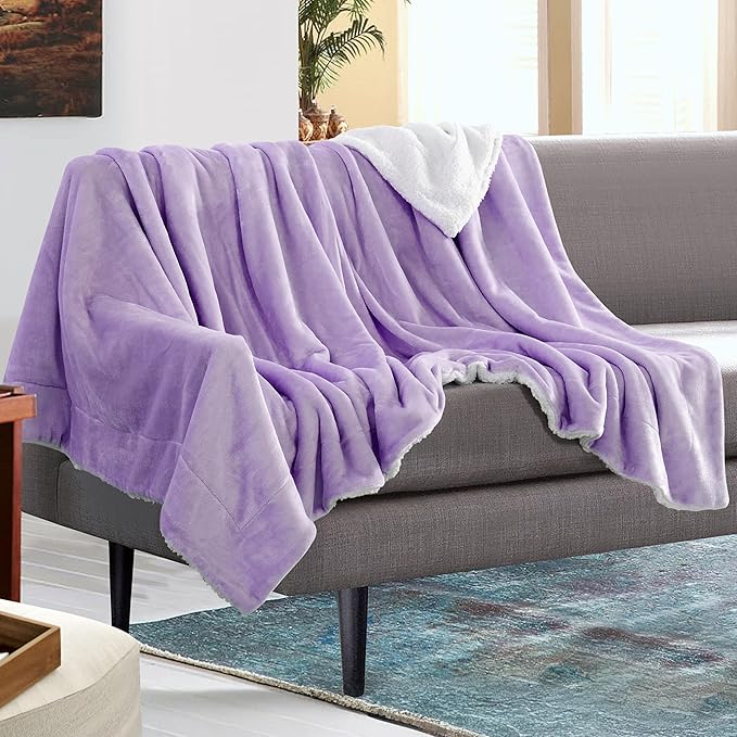 Mocassi Premium Ultra-Soft Velvet Touch Flannel Fleece Sherpa Throw - Warm Cozy Reversible Plush Micromink Throw Blanket for Couch, Bed and Sofa - Fluffy, Christmas Winter Bedding Gift, Lavender