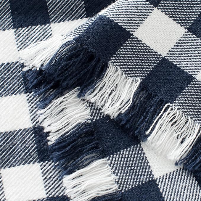 100% Cotton Throw Blanket Plaid Soft Lightweight Cozy Farmhouse Tassels Summer Thin Breathable Throws for Couch Sofa Bed (50" × 60" Navy Blue)