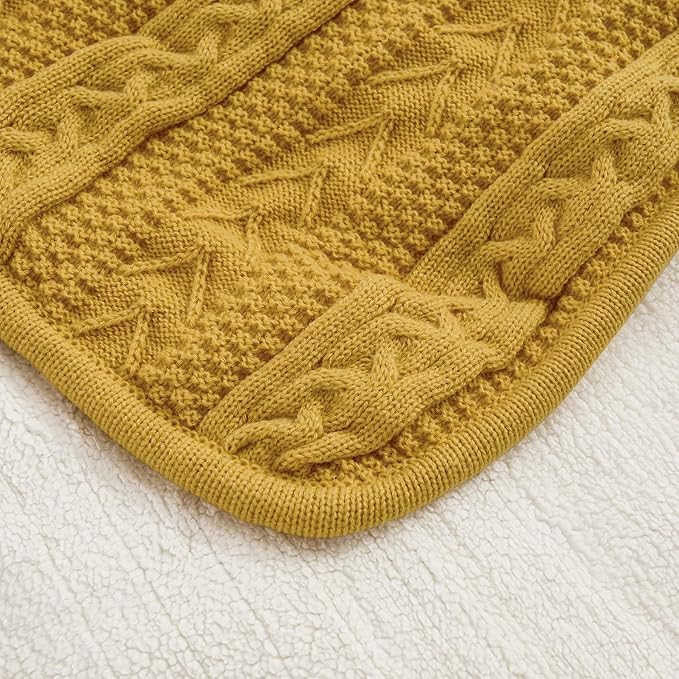 Longhui bedding Mustard Yellow 50 x 63 Inches Acrylic Cable Knit Sherpa Throw Blanket - Thick, Soft, Big, Cozy Yellow Knitted Fleece Blankets for Couch, Sofa, Bed - Large Yellow Coverlet All Season