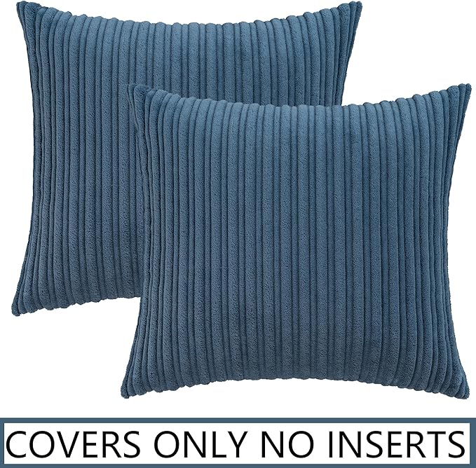 UGASA Velvet 26x26 Inch Soft Throw Pillow Covers Decorative Corduroy Striped Both Sides Solid Square Cushion Cases Boho Farmhouse for Couch Bedroom Sofa Home, Pack of 2, Dusty Blue