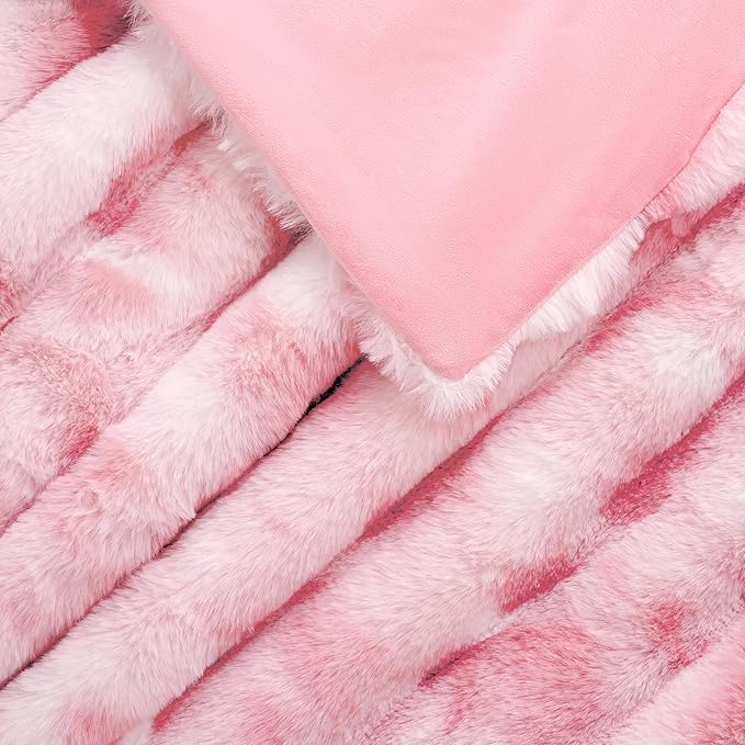 Touchat Luxury Faux Rabbit Fur Throw Blanket for Couch, Super Heavy Warm Cozy Blanket for Sofa Bedroom Living Room, Ultra Soft Fluffy Reversible Plush Blanket for Home Decor Gifts, Tie-dye Pink