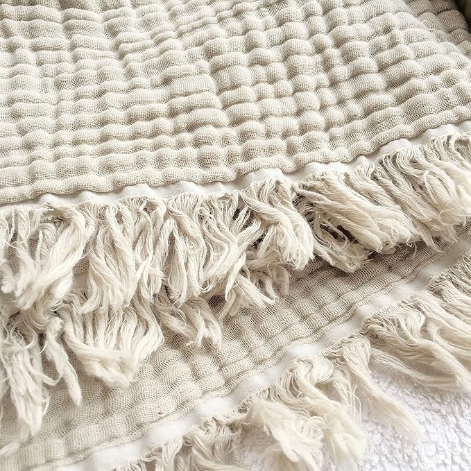 KyraHome 100% Organic Cotton Muslin Blankets for Adults, Kids, Large 60“x80 Plant Dyed Breathable Lightweight Gauze Soft Cotton Throw Blanket for Couch, All Season, Oatmeal Khaki