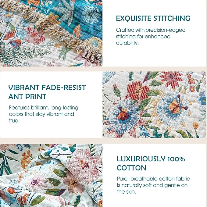 Boho Throw Blanket - 100% Cotton Ultra Soft Muslin Blanket, 60"x80" Lightweight Floral Framhouse Bedding Spring Blanket for Bed, All Season Blue Bohemian Bedroom Home Decor Quilt