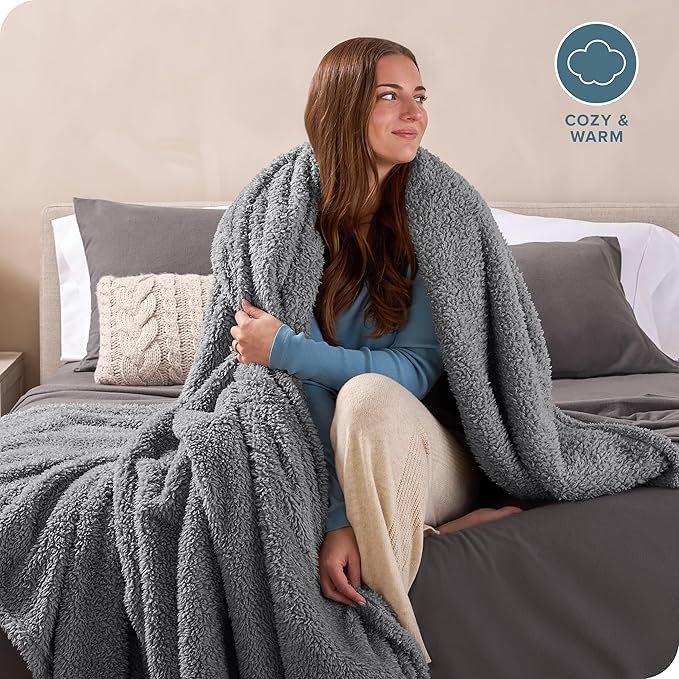 Bare Home Faux Shearling Blanket - Full/Queen Size - Blanket for Bed, Sofa, Couch, Camping, Travel, and Gifts - Warm & Lightweight - Fluffy & Soft (Full/Queen, Solid Grey)