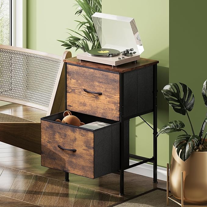 WLIVE Night Stand Set 2, Small Dresser with 2 Drawers & Wooden Top, Nightstand with Fabric Bins, Bedside Table End Table for Bedroom, Closet, Entryway, College Dorm, Rustic Brown