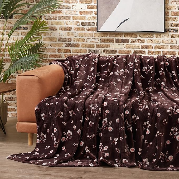 Lucky Brand Daisy Brown Floral 90"X90" Cozy Plush Blanket - Premium Microfiber Throw for Luxurious Comfort and Style Full/Queen Size