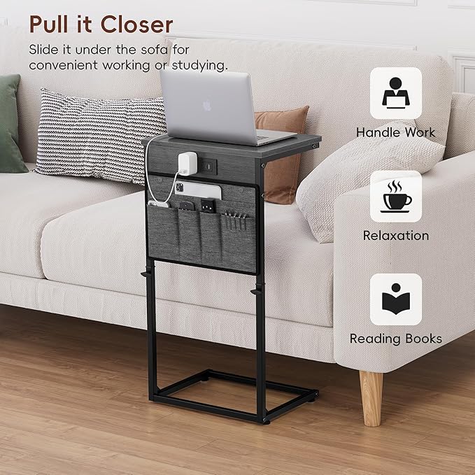 Vagusicc C Shaped End Table with Charging Station, 33" Tall Side Table for Couch, Sofa Table Adjustable Height Couch Side C Table, Slide Under Sofa Tray Table for Living Room Bedroom, Gray Walnut
