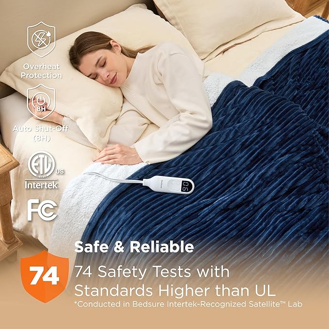 Bedsure GentleSoft Electric Blanket Twin - Soft Ribbed Flannel Heated Blanket, Heating with 10 Time Settings, 6 Heat Settings, and 8 hrs Timer Auto Shut Off, Gifts for Grandma (62x84 inches, Navy)